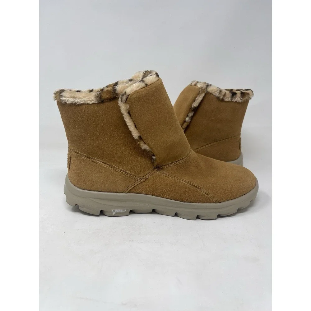 Skechers Boots Chestnut & Leopard Goga Mat On The Go Suede Faux Fur Lined Size 8